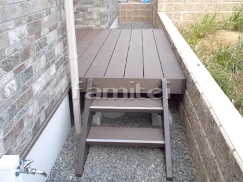 和泉市 新築シンプル 高台オープン外構 門柱 アプローチ 階段 手すり ウッドデッキ