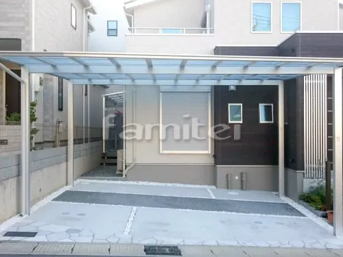 宇治市 エクステリア工事 カーポート LIXILリクシル ネスカF 横2台用(ワイド ツイン) F型フラット屋根 特殊加工 斜めカット 洗濯干し屋根 LIXILリクシル スピーネ 1階用 F型フラット屋根 物干し 人工木材ウッドデッキ LIXILリクシル 木彫 樹ら楽ステージ(きらら) 樹脂 階段ステップ1段