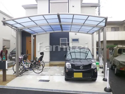 大阪市平野区 エクステリア工事 カーポート LIXILリクシル ネスカR 横2台用(ワイド ツイン) R型アール屋根 特殊加工 斜めカット