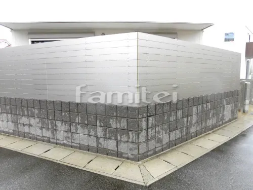 三田市 リフォーム外構工事 目隠しフェンス塀 平板 化粧ブロック タイルデッキ LIXILリクシル ブルーノ300角 BR-11 照明ライト Panasonicパナソニック LGW45810K