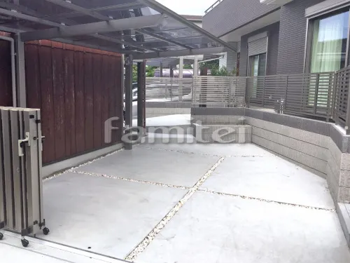 和歌山市 新築ベーシック オープン外構 二世帯 アプローチ スロープ 門柱 カーポート サイクルポート 土間コンクリート フェンス