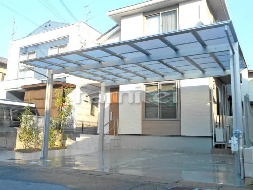 城陽市 新築シンプル オープン外構 門柱 アプローチ 手すり カーポート 土間コンクリート 花壇 門扉 テラス屋根 立水栓