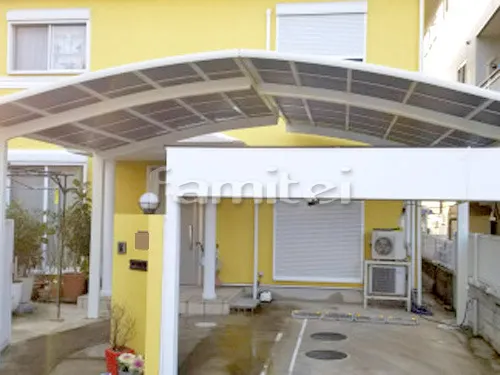 堺市西区 エクステリア工事 カーポート LIXILリクシル ネスカR 横2台用(ワイド ツイン) R型アール屋根 M合掌 奥行き違い 既存カーポート撤去