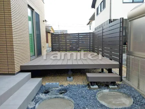 守山市 新築外構 人工木材ウッドデッキ LIXILリクシル 樹ら楽ステージ(きらら) 樹脂 目隠しフェンス塀 F&F マイティウッド 平板 樹脂 イナバ物置 シンプリー MJX-139E 野外物置き 収納庫 倉庫