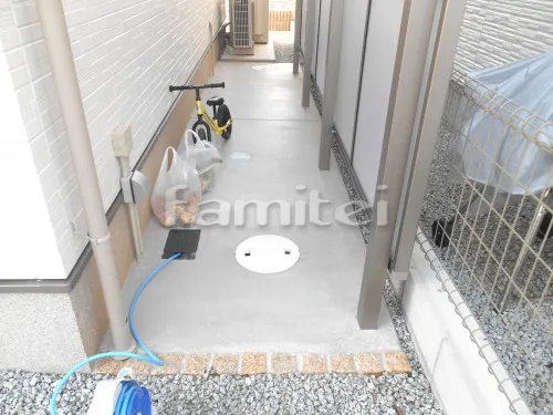 奈良市 リフォーム外構工事 カーポート ウッドデッキ 土間コンクリート テラス屋根 犬走り 防犯砂利敷き バラス砕石 物置