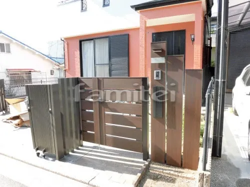 堺市西区 リフォーム外構工事 機能門柱 YKKAP ルシアスB01型 門扉 BW02型 08・04-12 親子両開き 伸縮門扉 LIXILリクシル アルシャイン2 M型Aタイプ アコーディオンゲート