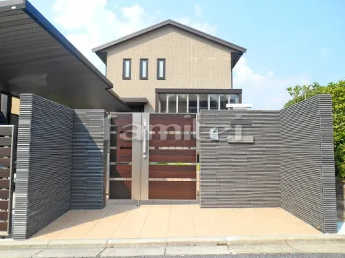 奈良市 新築シンプル クローズ外構 門袖 門扉 アプローチ アップゲート お庭まわり ガーデンルーム ウッドデッキ 芝生 シェード 手形