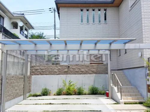 神戸市西区 エクステリア工事 カーポート YKKAP エフルージュグラン 横2台用(ワイド ツイン) F型フラット屋根 特殊加工 梁延長