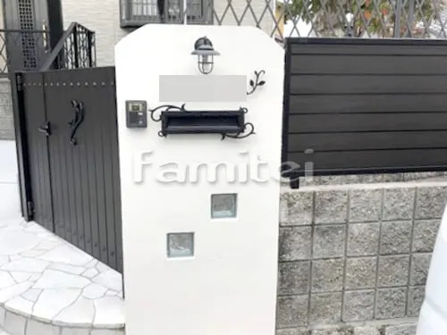 生駒郡三郷町 リフォームナチュラル セミクローズ外構 玄関門扉 YKKAP ルシアスBW04型 親子両開き アプローチ 床石貼り 乱形石 石英岩