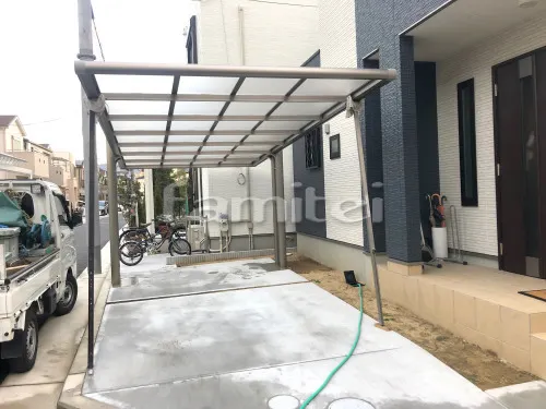 八尾市 エクステリア工事 カーポート 三協アルミ 木製調 フォーグ(4G) 1台用(単棟) F型フラット屋根 ベランダ屋根 三協アルミ レボリューA 2階用 F型フラット屋根