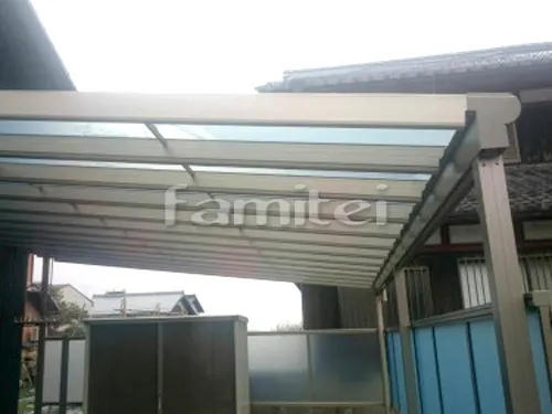 東近江市 営繕工事 雨除け屋根 三協アルミ レボリューA 1階用 F型フラット屋根 既存テラス撤去