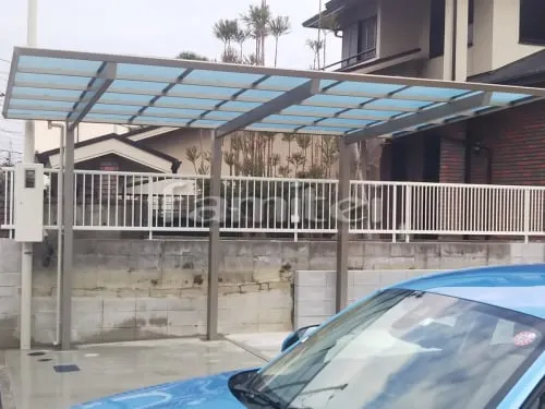 宝塚市 エクステリア工事 カーポート 三協アルミ セルフィ 1台用(単棟) F型フラット屋根 雨除け屋根 LIXILリクシル スピーネ 1階用 F型フラット屋根 物干し