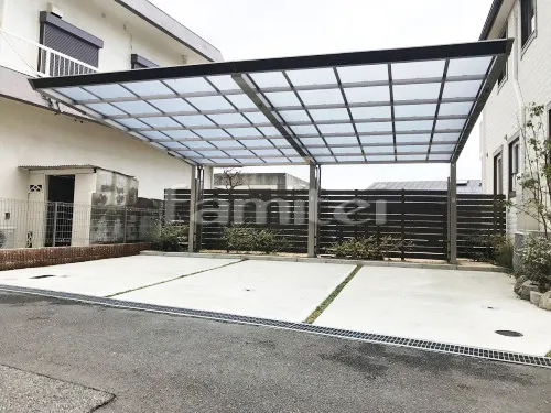 神戸市垂水区 エクステリア工事 カーポート 四国化成 木製調マイポートNext 後柱仕様 横2台用(ワイド ツイン) F型フラット屋根