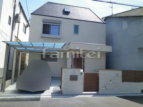 大阪市生野区 新築ナチュラル セミクローズ外構 引き戸門扉 LIXILリクシル アーキスライドE型 スライドドア デザイン塀 カーポート