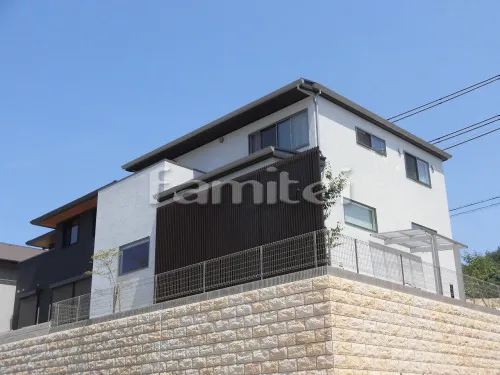 宝塚市 新築シンプル オープン外構 玄関まわり 門柱 アプローチ フェンス サイクルポート