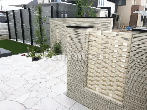 北葛城郡広陵町 新築シンプル オープン外構 門柱 アプローチ カーポート タイルデッッキ