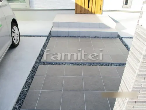 岸和田市 新築シンプル オープン外構 門柱 カーポート サイクルポート ウッドデッキ テラス屋根 物置