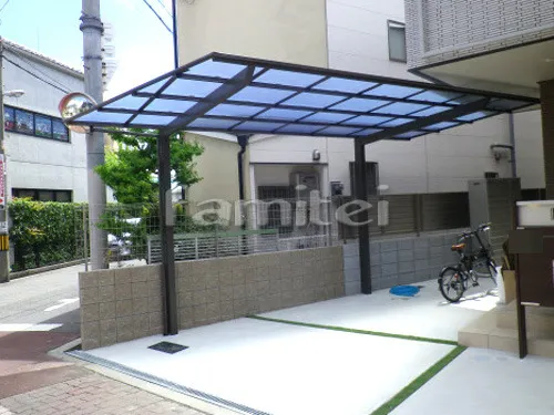 大阪市城東区 エクステリア工事 カーポート LIXILリクシル ネスカF 1台用(単棟) F型フラット屋根 特殊加工 斜めカット 土間コンクリート