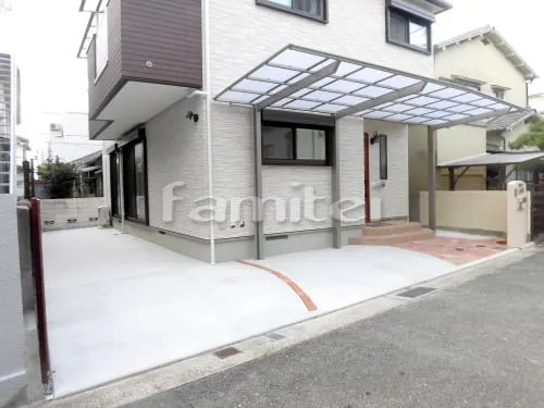 尼崎市 新築ナチュラル オープン外構 門柱 アプローチ 立水栓 カーポート 土間コンクリート フェンス ベランダ屋根