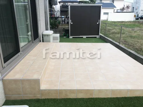 香芝市 エクステリア工事 タイルデッキ LIXILリクシル フィオ300角 FIO-12お庭 人工芝 防草シート加工