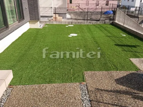 香芝市 お庭のリフォーム人工芝 防草シート加工　犬走り 防犯砂利敷き ジャミ 