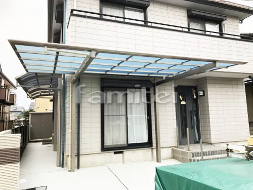 相楽郡精華町 リフォームシンプル オープン外構 モダン門柱 壁タイル貼り カーポート1台　雨除け屋根 四国化成 独立式バリューテラス 