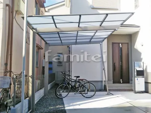 枚方市 エクステリア工事 カーポート LIXILリクシル ネスカF 1台用(単棟) F型フラット屋根 サポート柱 目隠しフェンス塀 三協アルミ ニューカムフィハイタイプ9H型 ルーバー ベランダ屋根 三協アルミ レボリューAテラス屋根 2階用 F型フラット屋根 積雪50cm対応 物干し