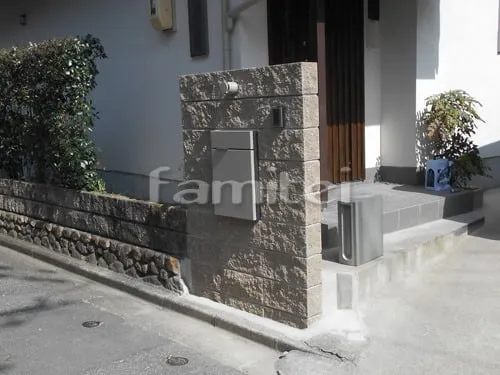 宝塚市 リフォームベーシック オープン外構 化粧ブロック門柱 ユニソン シャモティ 人工木ウッドデッキ YKKAP リウッドデッキ200