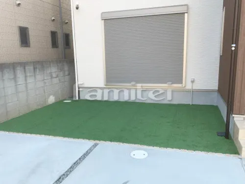 堺市西区 新築シンプル クローズ外構 モダン門柱 アプローチ 跳ね上げ門扉 サイクルポート