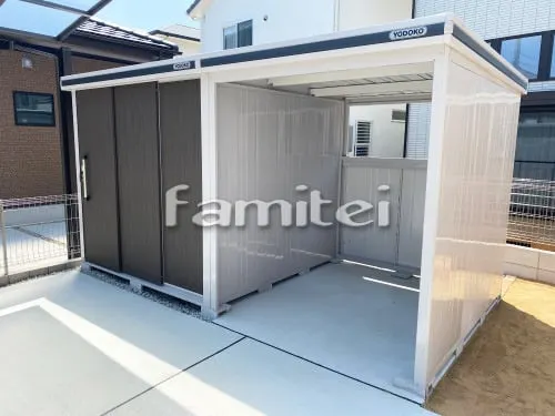 斑鳩町 新築シンプル オープン外構 モダン門柱 カーポートテラス屋根 ウッドデッキ 花壇 物置