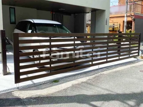 東大阪市 エクステリア工事 電動跳ね上げ式門扉 三協アルミ 木製調ラビーネM3N型 横2台用 アップゲート