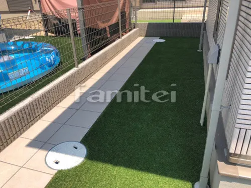 木津川市 お庭のリフォーム　お庭のタイル LIXILリクシル マルモアート300角 MA-11 お庭 人工芝 防草シート加工 犬走り 防犯砂利敷き バラス砕石