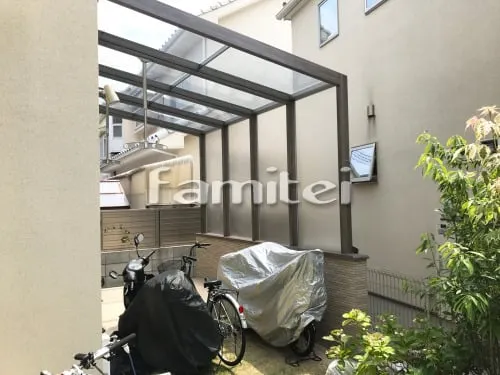 尼崎市 庭工事 木製調ガーデンルーム LIXILリクシル ココマ オープンテラス腰壁タイプ 壁タイル セラヴィオS HAL-25B CSS-2 タイルデッキ グレイスランド300角 GRL-2階段ステップ 床タイル貼り GRL-5 イナバ物置 シンプリー MJX-095C 野外物置き 収納庫 倉庫