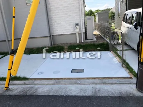 熊取町 リフォームシンプル オープン外構 ガラス表札 リヴェール GRE-7 土間コンクリート 立水栓 ユニソン スプレスタンド 犬走り 土間コンクリート  YKKAソラリアテラス屋根 1階 ガーデンルーム ソラリア サンルーム イナバ物置 シンプリー MJX-137B 境界フェンス ハイグリットUF8型