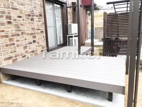 香芝市 エクステリア工事 雨除け屋根 LIXILリクシル スピーネ 1階用 R型アール屋根 物干し 人工木材ウッドデッキ LIXILリクシル 樹ら楽ステージ(きらら) 樹脂