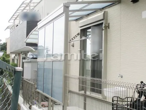 宝塚市 エクステリア工事 雨除け屋根 LIXILリクシル スピーネ 1階用 R型アール屋根 目隠しパネル(前面 正面) 2段 ベランダ屋根  スピーネ 2階用 連棟 R型アール屋根 物干し