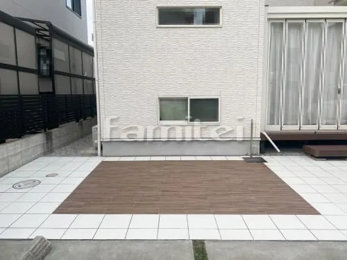 木津川市 お庭のリフォーム アプローチ 床タイル貼り 木目調 名古屋モザイク ラスティックウッズ MSY-H3650G LIXILリクシル グレイスランド300角 立水栓 OnlyOneオンリーワン ジラーレW ヘアライン 水受け(パン) スプリットTYPE C KS3-C116G 土間コンクリート 伸縮目地