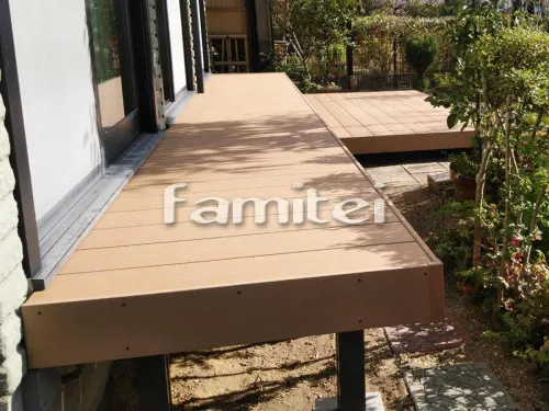 大津市 お庭のリフォーム 人工木材ウッドデッキ LIXILリクシル 樹ら楽ステージ(きらら) 樹脂 階段ステップ 既存デッキ解体撤去