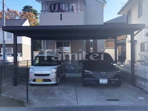 東近江市 庭工事 積雪カーポート YKKAP レオンポートneo 積雪50cm対応 折板屋根 横2台用(ワイド ツイン) F型フラット屋根 駐車場ガレージ床 土間コンクリート