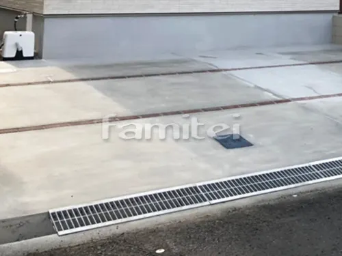 和歌山市 新築ベーシック オープン外構 機能門柱 YKKルシアスポストユニット 郵便受けポスト エクステリアポスト ステンレスプレート表札 手摺り LIXILグリップライン カーポート エフルージュ横2台 土間コンクリート レンガ目地 ユニソン ミルドブリック 人工木ウッドデッキ TAKASHO エバーエコウッドリアル 段差ステップ バラス砕石 防草シート加工