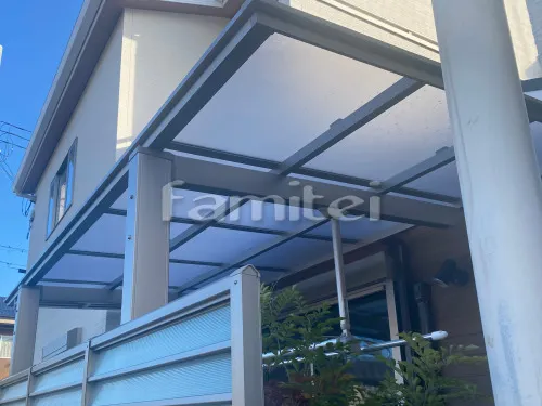 香芝市 お庭のタイルデッキ タイルデッキ LIXILリクシル マルモアート300角 MA-11 化粧フロアーハッチ 雨除け屋根 独立式フーゴFテラス 1階用 F型フラット屋根 屋根材ポリカーボネート 可動式竿掛け 目隠しフェンス塀 サニーブリーズ 採光タイプ ルーバーフェンス 2段柱 勝手口門扉 AB YR2型 細横桟 片開き 境界フェンス塀 メッシュフェンス ハイグリッドUF8型