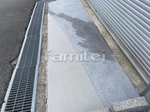 香芝市 リフォーム部分工事 床樹脂洗い出し仕上げ 四国化成 リンクストーンM ニュー白銀 既存土間コンクリート高圧洗浄 コンクリート塗装 関西パテ モルカラー NO.5  ねずみ色 既存土間コンクリート 高圧洗浄 隙間補修 左官モルタル仕上げ 玄関前アプローチ階段 既存タイルズレ補修