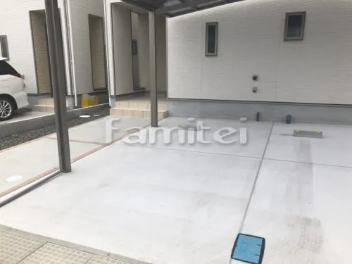 岩出市 エクステリア工事 カーポート LIXILリクシル ネスカR 横2台用(ワイド ツイン) R型アール屋根 屋根材 ポリカーボネート クリアマット 本体色 シャイングレー 駐車場ガレージ床 土間コンクリート 伸縮目地