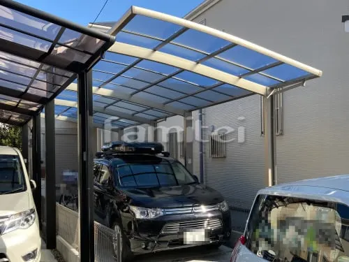 伊丹市 エクステリア工事 カーポート LIXILリクシル ネスカR 縦2台用(縦連棟) R型アール屋根 屋根材 熱線遮断ポリカーボネート クリアマットS 本体色 シャイングレー