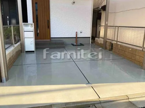 守口市 新築ベーシック オープン外構 機能門柱 宅配ボックス 玄関アプローチ階段 カーポート 土間コンクリート 目隠しフェンス塀 化粧ブロック 境界フェンス塀 立水栓 ピンコロ囲い モルタル仕上げ洗い場 縁石補修