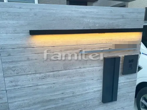 上牧町 新築外構 新築シンプル オープン外構 門柱 TAKASHOタカショー セラトップストーンタイル セラウォール RC杉板 カーポート LIXILリクシル カーポートSC 1台用(単棟) F型フラット屋根 アルミ板屋根 シンボルツリー シマトネリコ 常緑樹 植栽