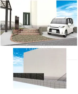 コンクリート製枕木(擬木)門柱 駐車場ガレージ床 土間コンクリート 土留め 化粧ブロック積 目隠しフェンス塀