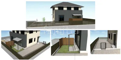 お庭 目隠しフェンス塀 人工芝防草シート加工 1階テラス屋根 タイルステップ 勝手口門扉 境界フェンス塀 CBブロック積