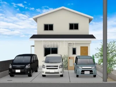 タイルデッキとテラス屋根のある新築ベーシック オープン外構