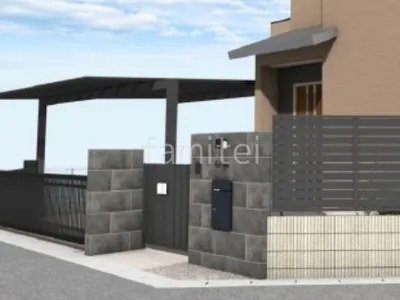 親子開き門扉 タイル門柱